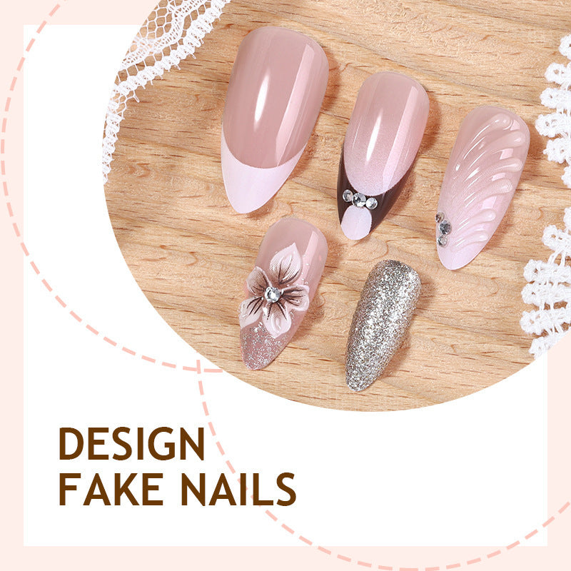 Artificial nail set with elegant flower and glitter accents Stornfield
