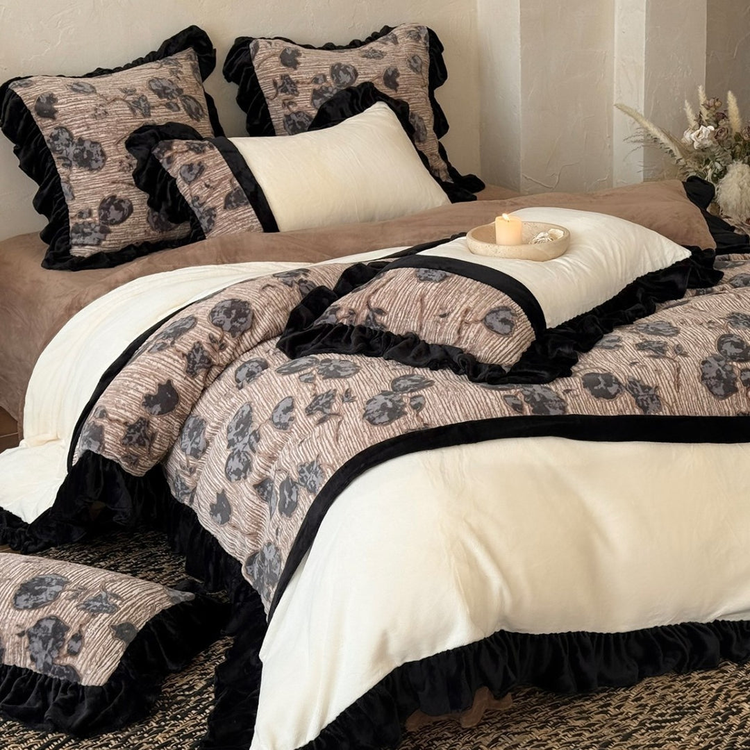 Quilted Floral Embroidered Duvet Cover Set with Velvet Ruffle Trim