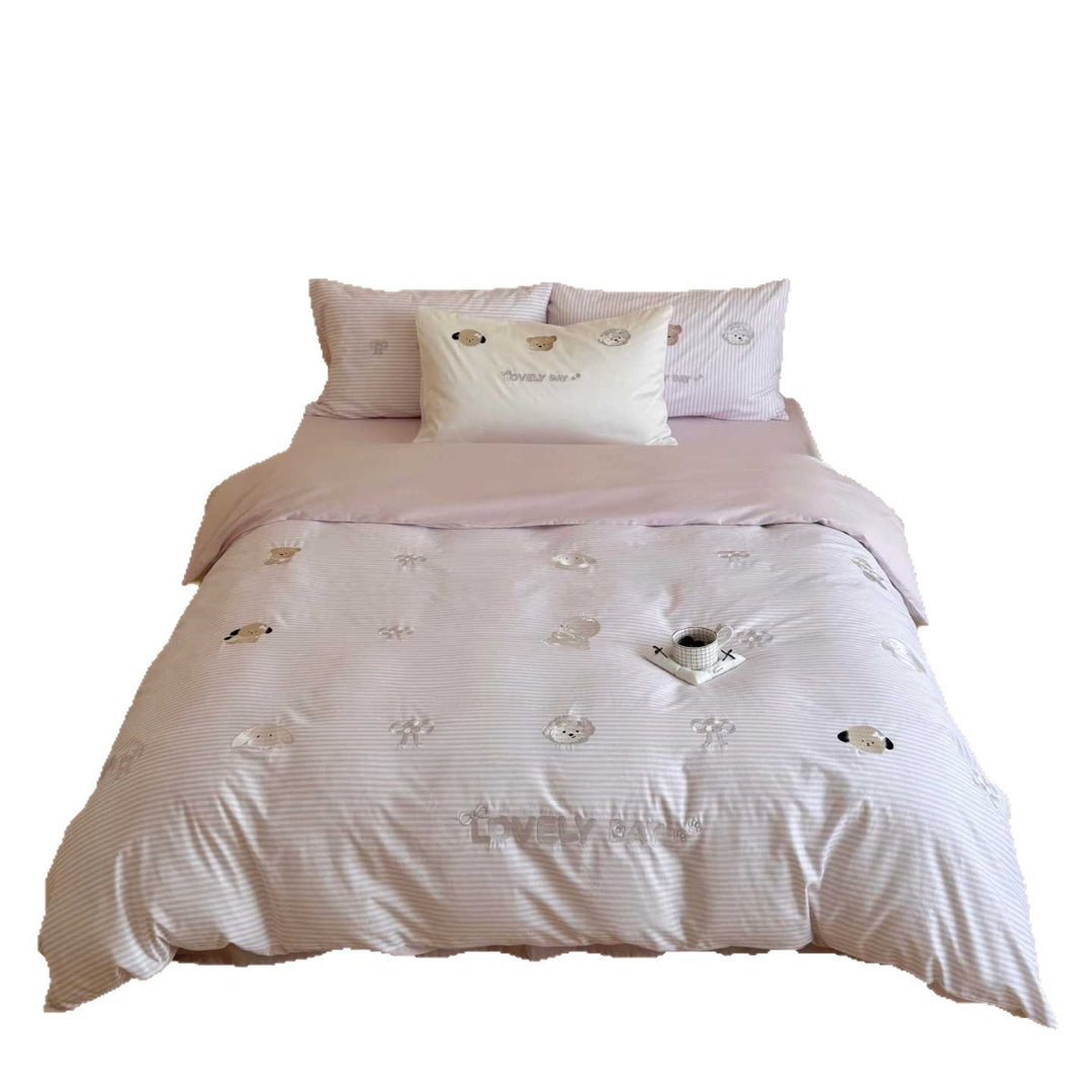 Cute Embroidered Puppy Cotton Duvet Cover Set