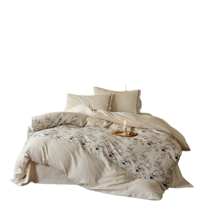 Embroidered Linen Duvet Cover Set with Vintage Patchwork Floral Design