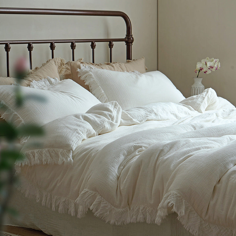 Cotton Gauze Fringed Duvet Cover Set with Washed Linen Texture
