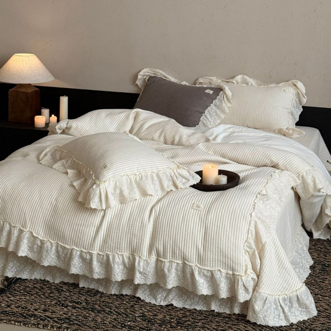 Ruffled Lace Trim Ribbed Duvet Cover Set