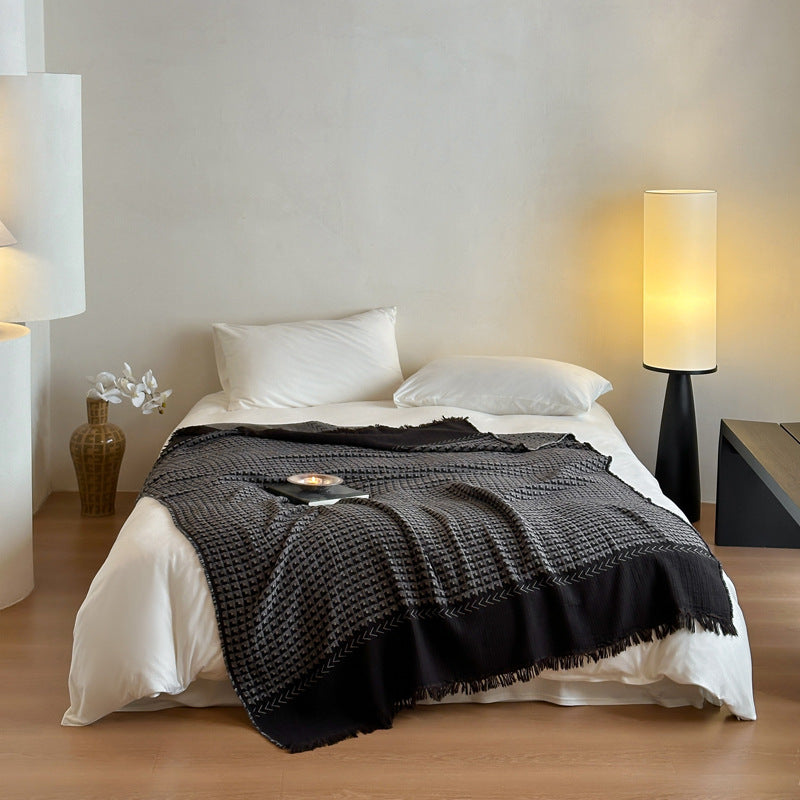 Woven Waffle-Texture Fringed Throw Blanket