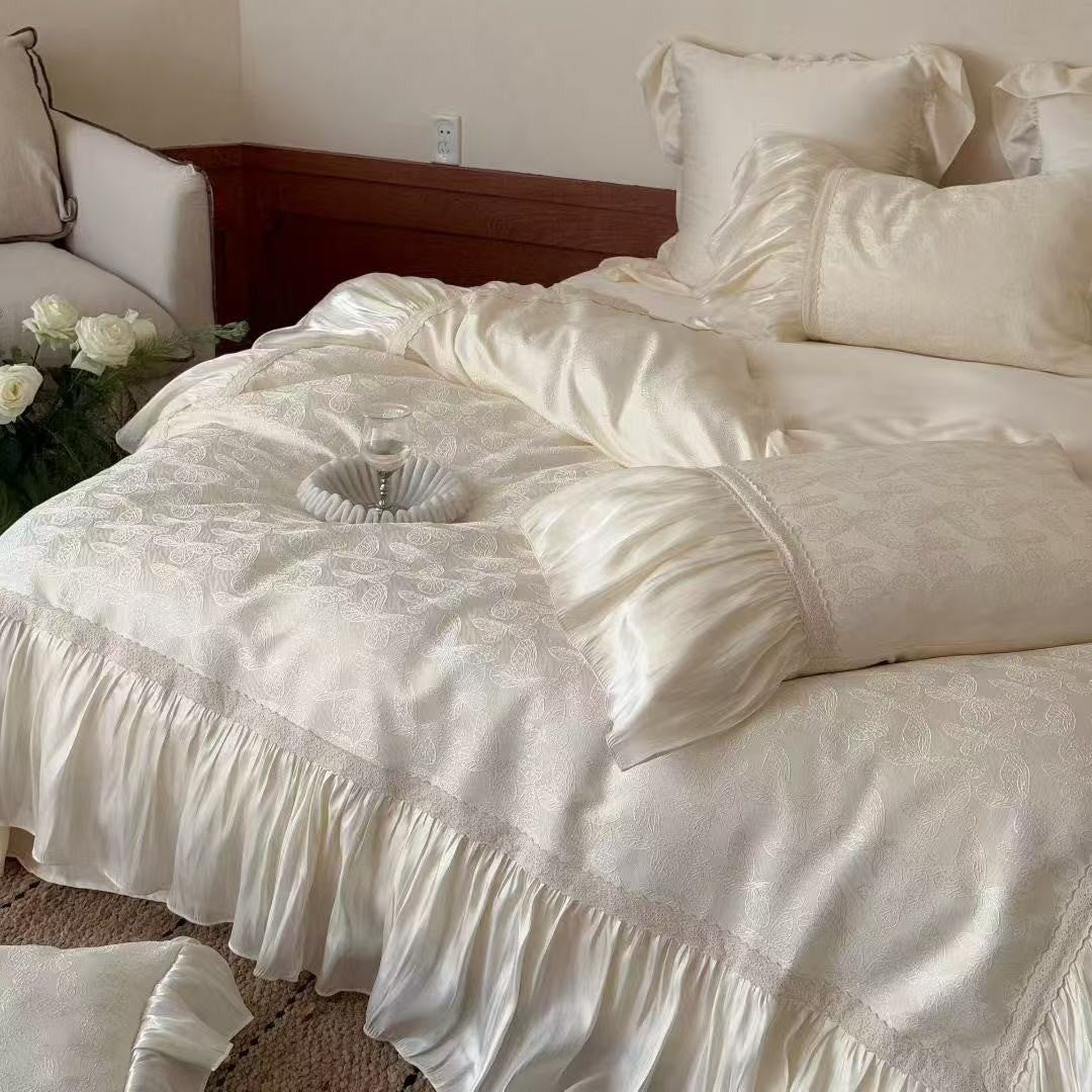 Elegant Ruffled Jacquard Satin-Trim Duvet Cover & Pillow Sham Set