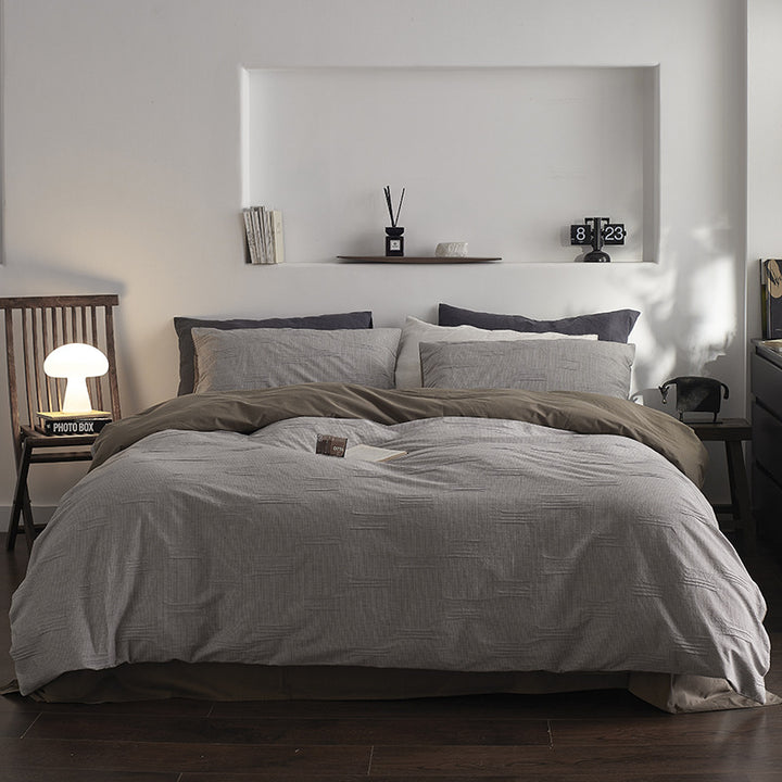 Quilted Cotton-Linen Striped Duvet Cover Set with Reversible Sateen Backing