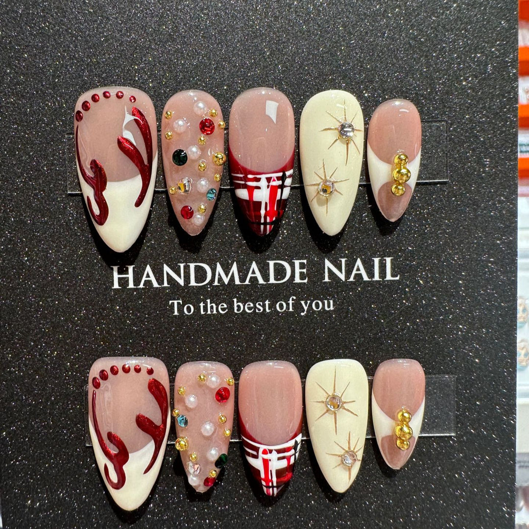 Decorative Press-On Nail Art Set with Gem and Artistic Accents