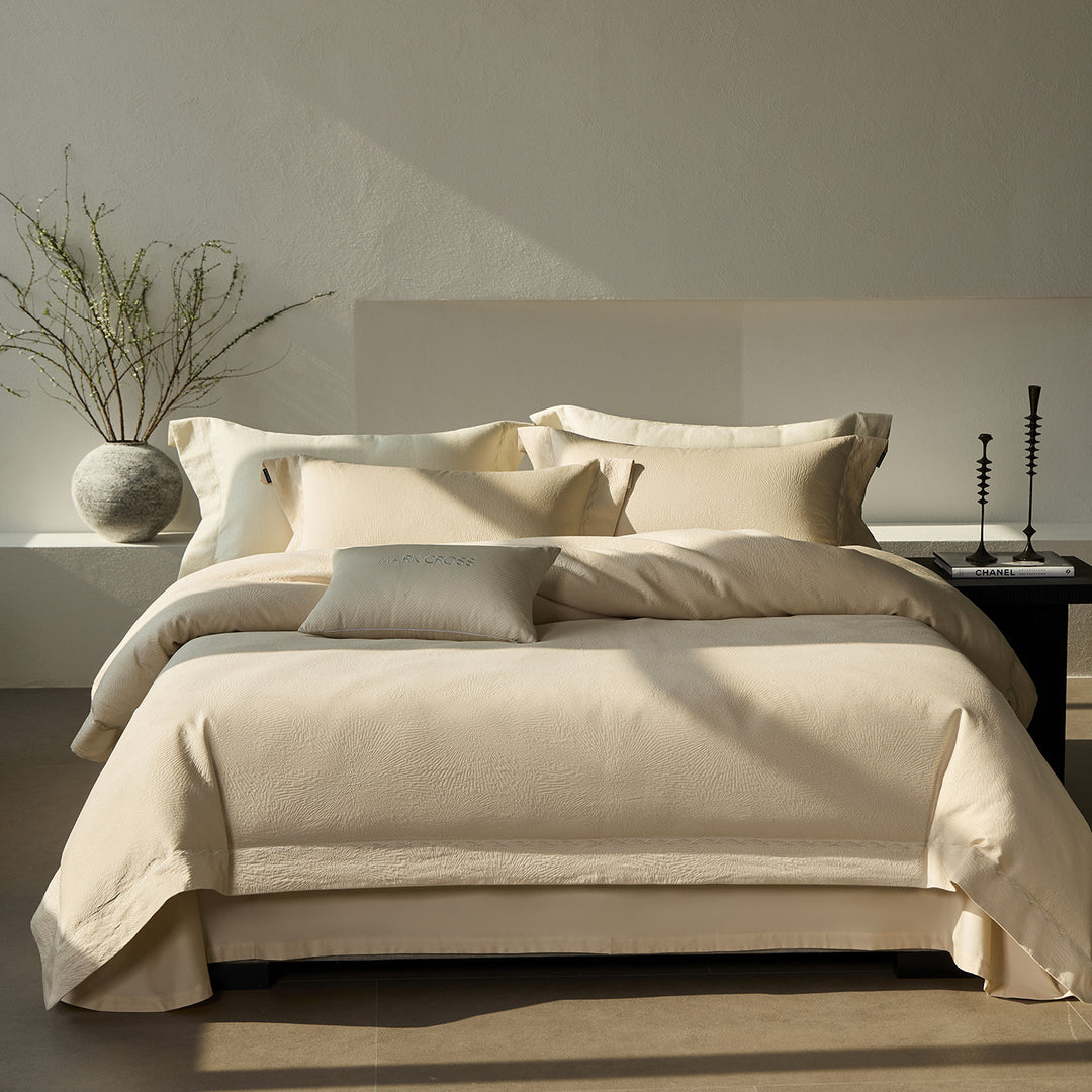 Textured Cotton Sateen Duvet Cover Set with Pillow Shams and Accent Cushion