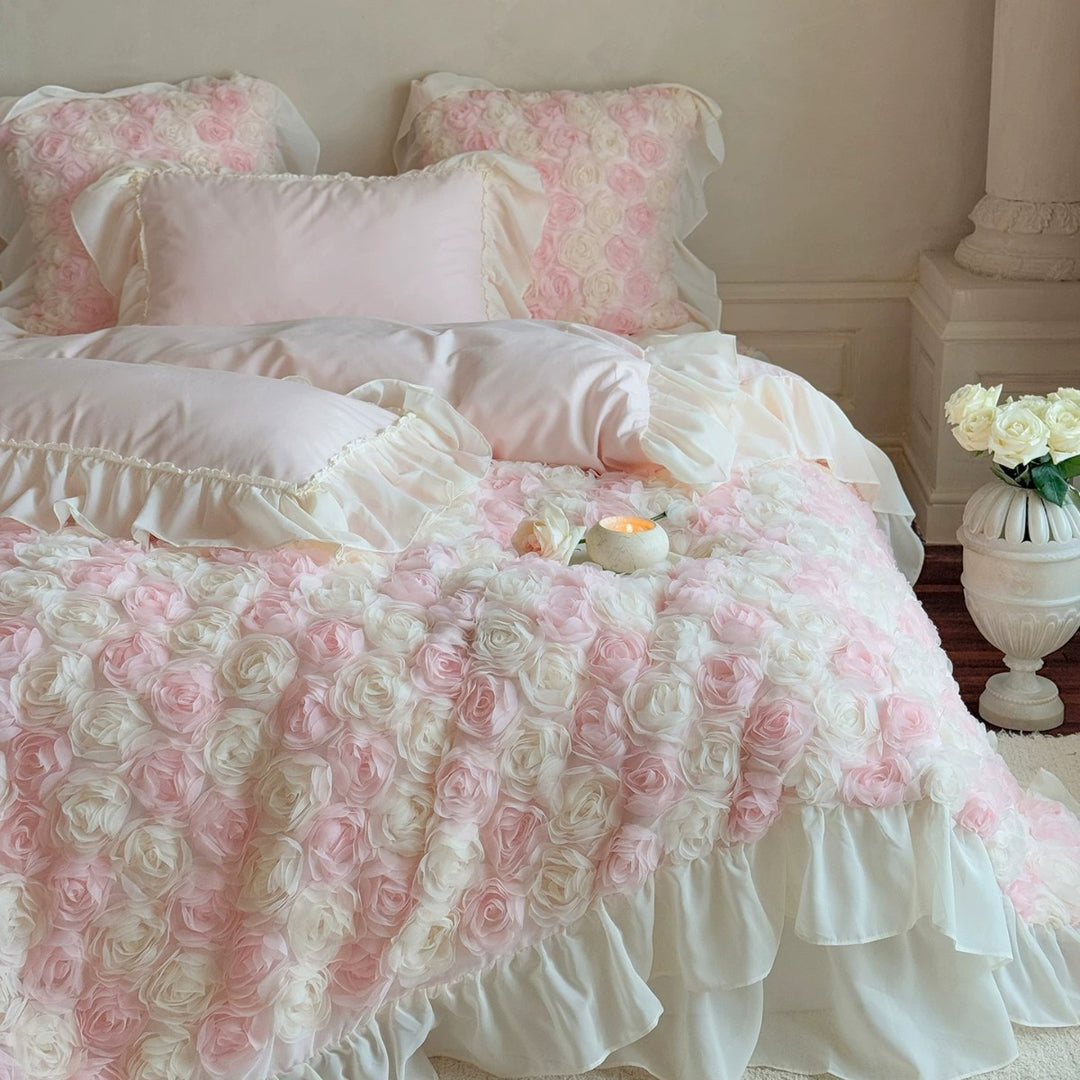 Romantic Three-Dimensional Rose Applique Floral Duvet Cover Set with Ruffled Shams