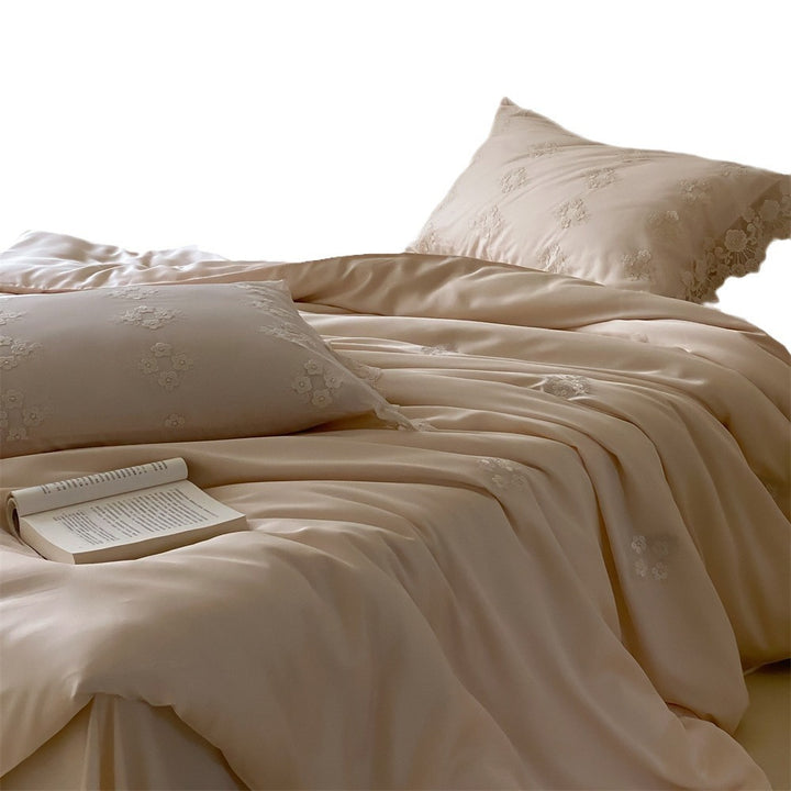 Silky smooth satin duvet cover set with fine floral embroidery