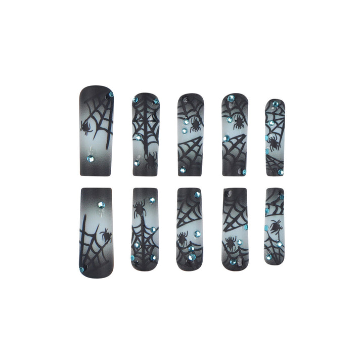 Halloween-Themed Stiletto Press-On Nails with Spider Web Design Stornfield