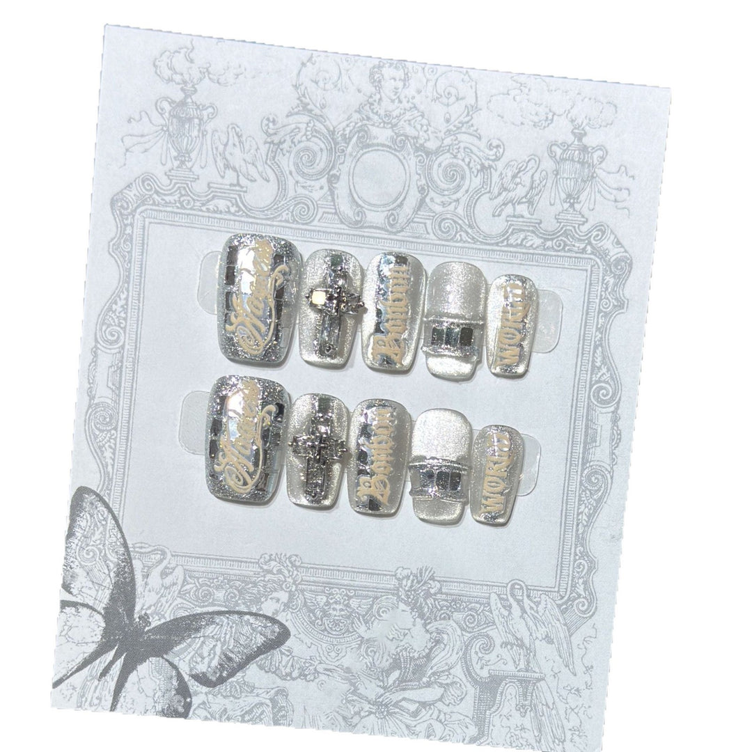 Metallic Press-On Nail Set with Decorative Silver Accents Stornfield