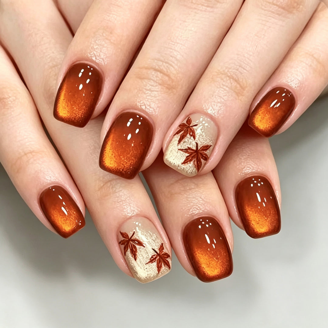 Autumn-Themed Press-On Nail Art Set with Leaf Design Stornfield