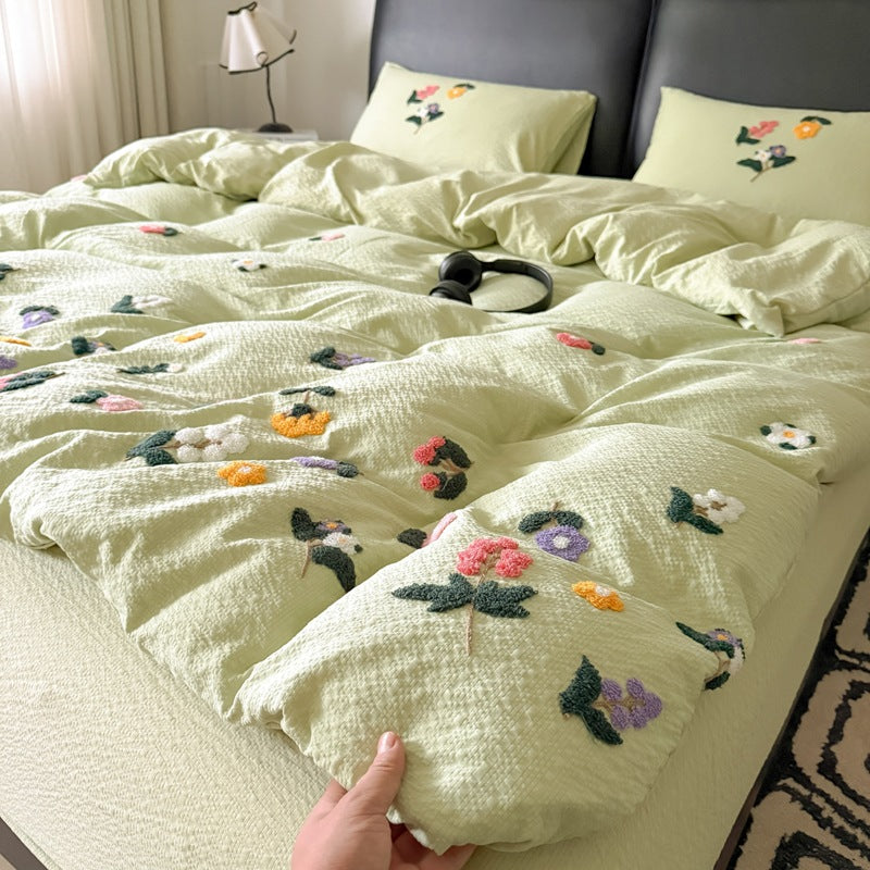Textured Embroidered Floral Duvet Cover Set with Tufted Appliqué