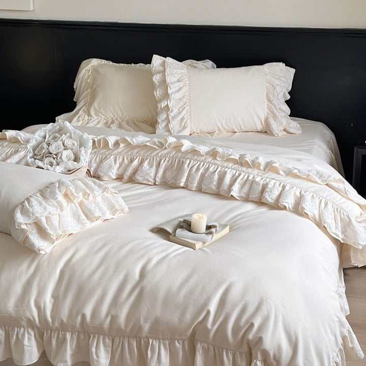 Vintage-inspired bedding set with ruffle trim and lace detailing