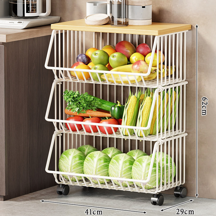 Vertical Five-Tier Rolling Kitchen Produce Storage Cart with Wooden Top and Pull-Out Wire Baskets