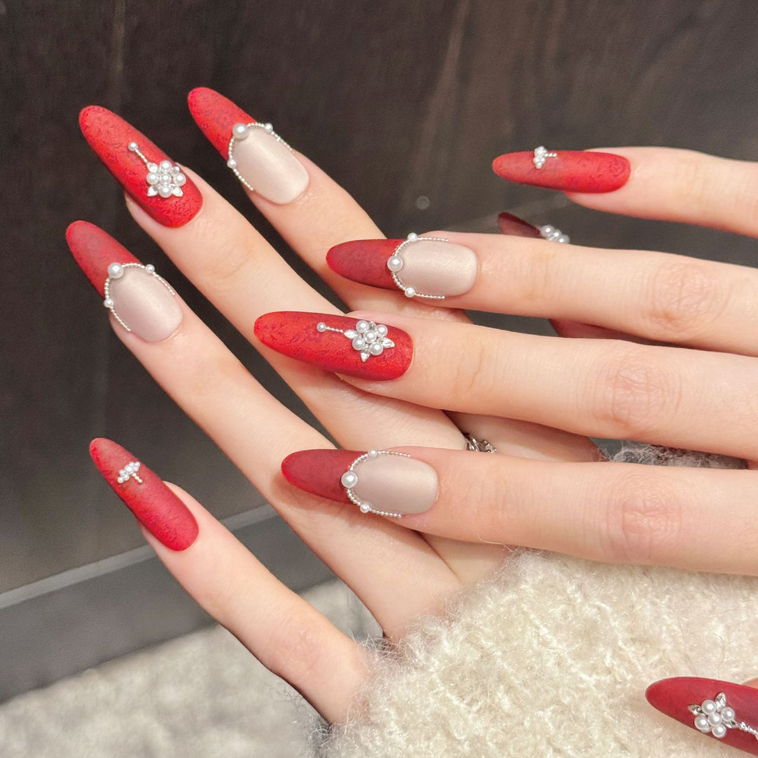 Luxurious Decorative Press-On Nail Set with Gem Accents
