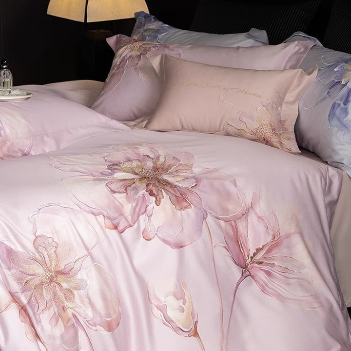 Silky Sateen Hydrangea-Print Duvet Cover Set with Reversible Back and Decorative Shams