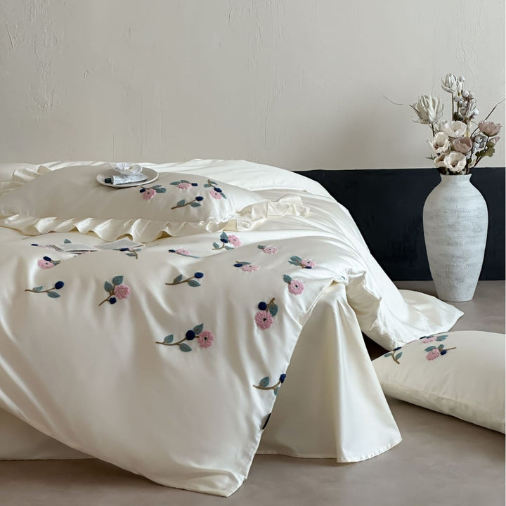 Floral Embroidered Satin-Feel Duvet Cover Set with Pillow Shams