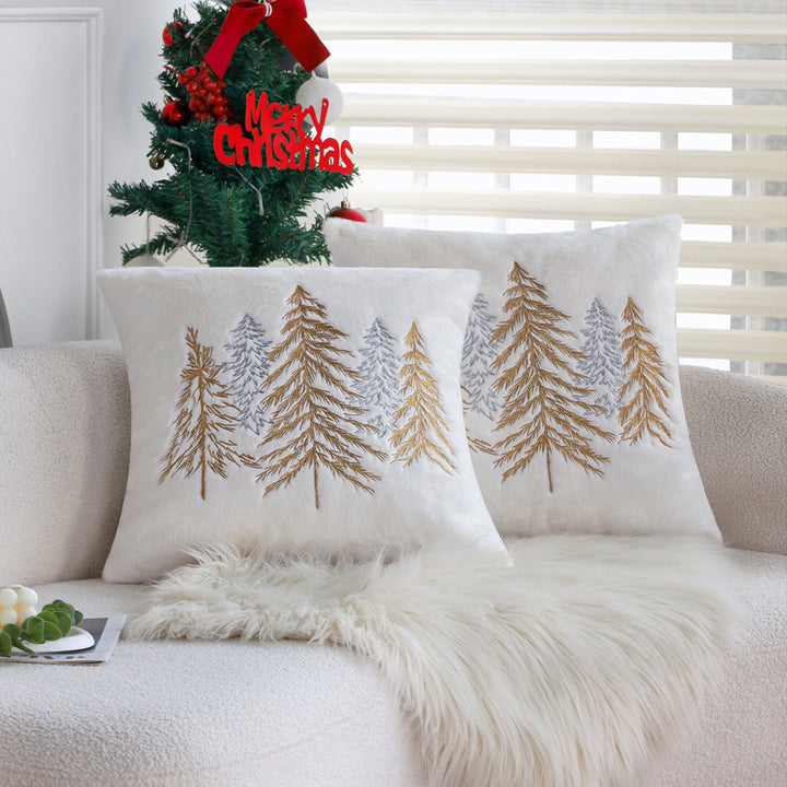 Square decorative cushion cover made of faux fur with embroidered Christmas tree motif Stornfield