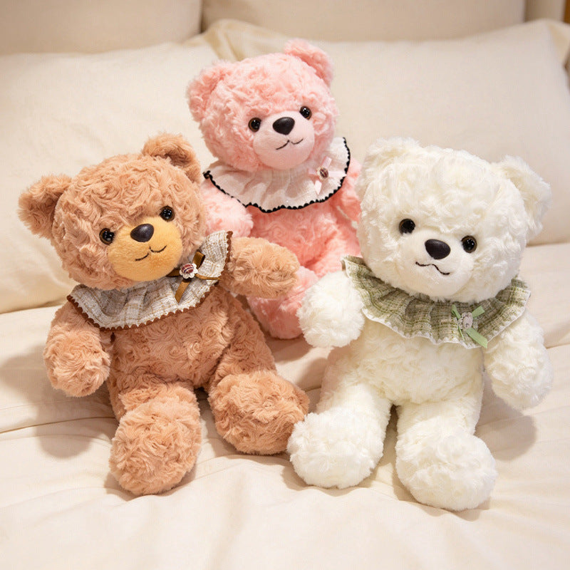 Curly-Fur Teddy Bear with Ruffled Plaid Collar and Embroidered Nose Stornfield