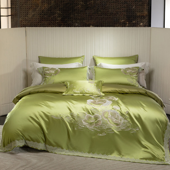 Satin Embroidered Floral Duvet Cover Set with Lace-Edged Pillow Shams