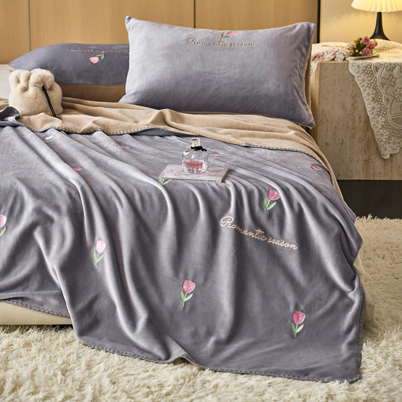 Plush Embroidered Tulip Velvet Bedspread and Matching Pillowcase Set