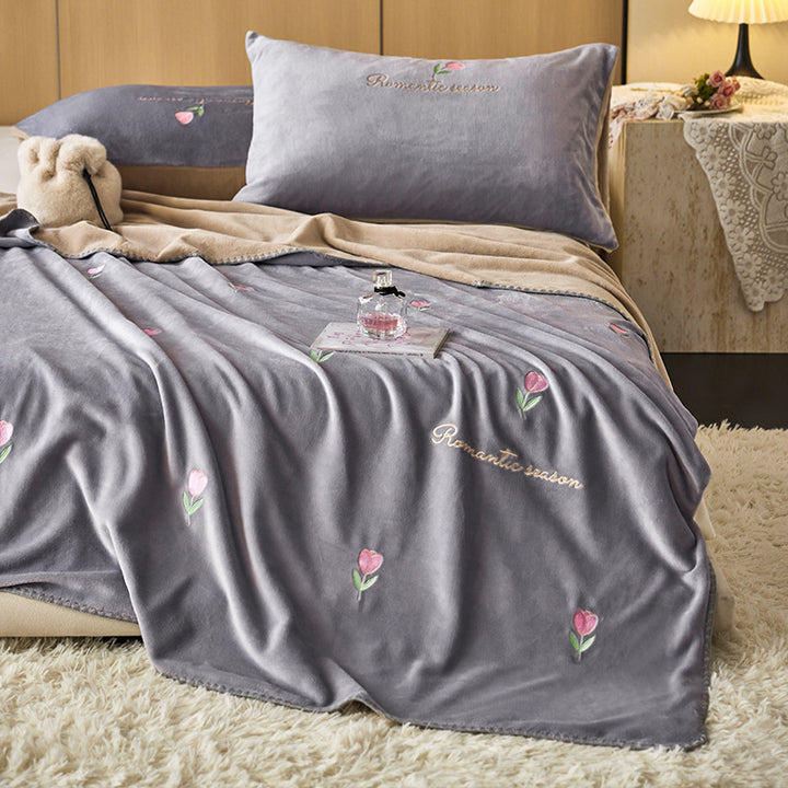 Plush Embroidered Tulip Velvet Bedspread and Matching Pillowcase Set