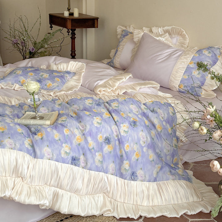 Floral Ruffled Cotton Sateen Duvet Cover Set with Pleated Trim and Reversible Pillow Shams