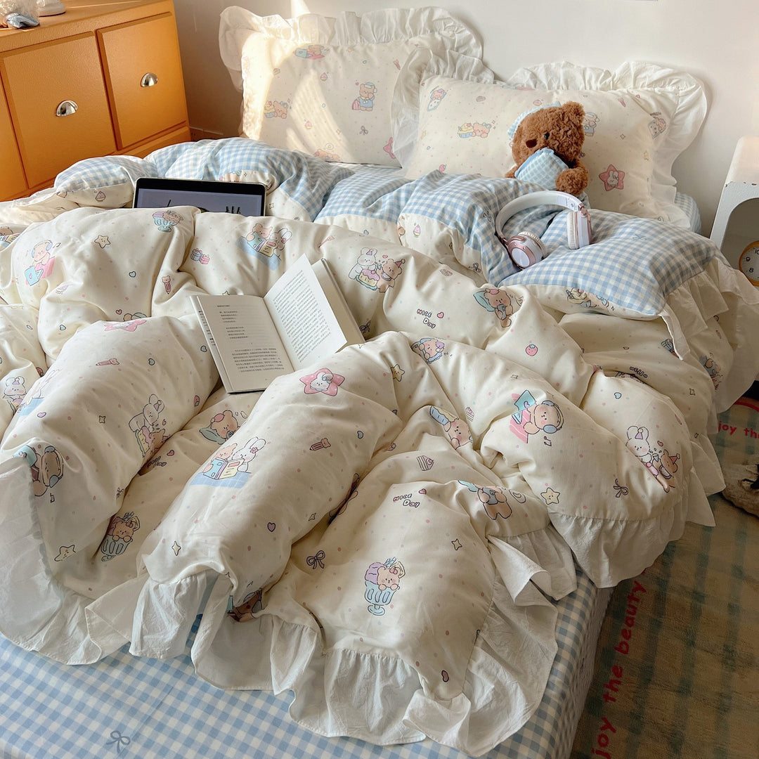 Cartoon Plaid Cotton Percale Duvet Cover Set with Ruffled Sham and Reversible Back