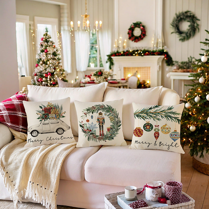 Festive Christmas Nutcracker Wreath Cotton-Linen Throw Pillow Cover with Hidden Zipper
