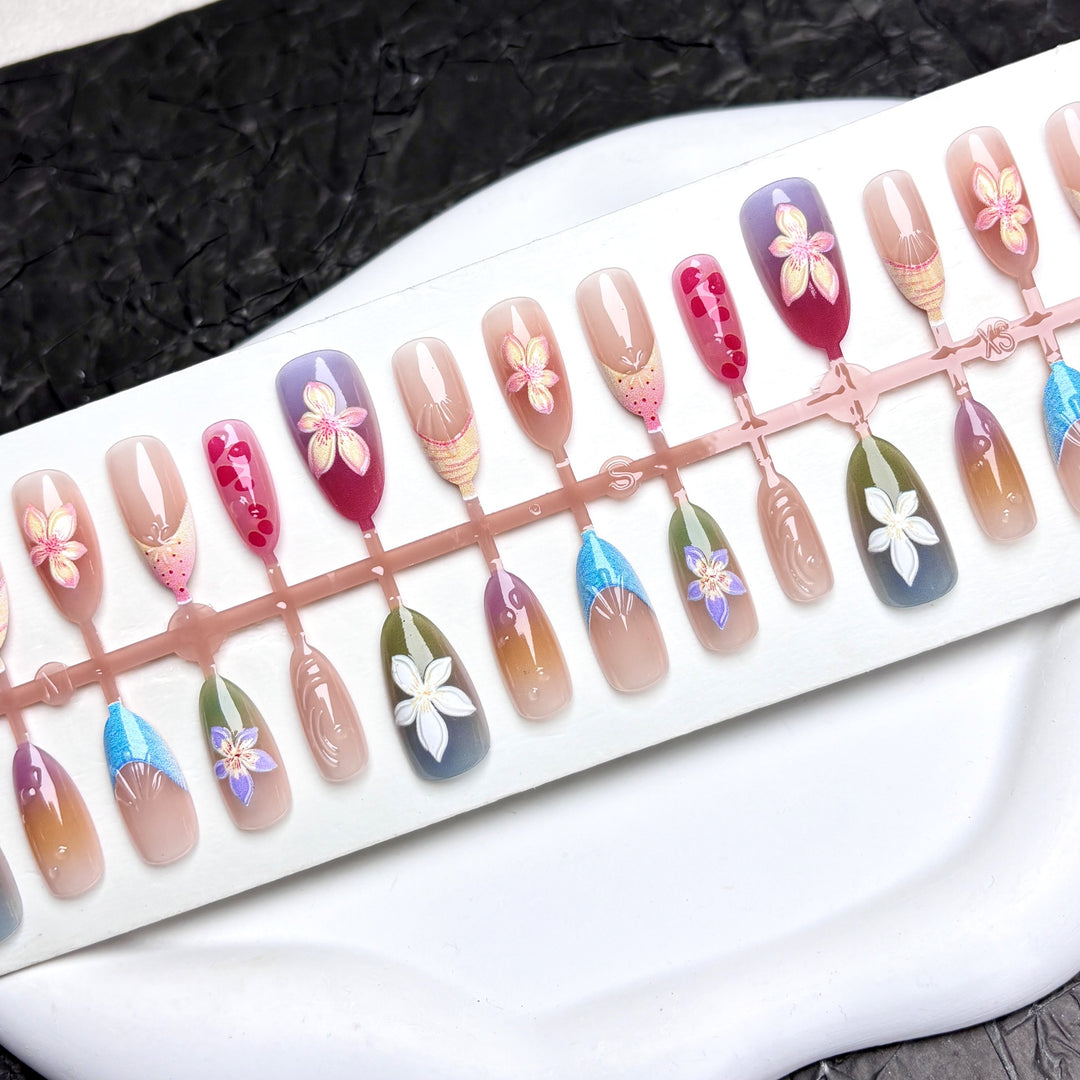 Floral Press-On Nail Art Set with Gem Accents