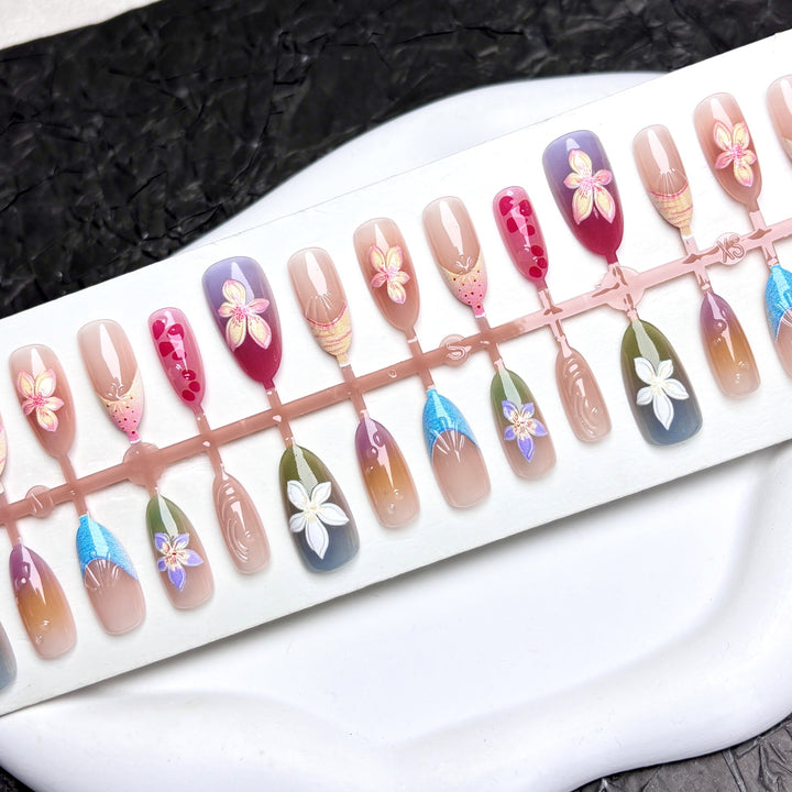Floral Press-On Nail Art Set with Gem Accents