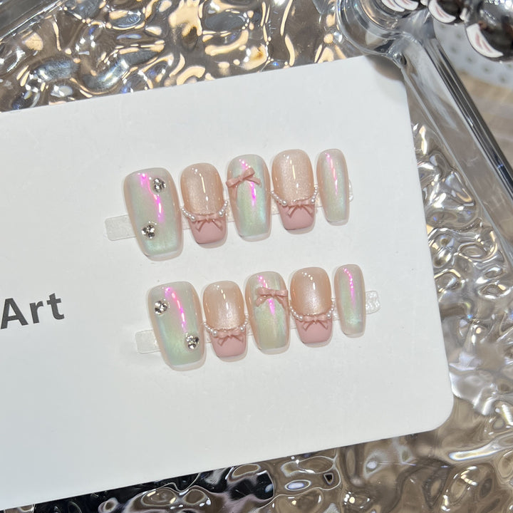 Decorative Press-On Nail Art Set with Artistic Bow and Pearl Accents Stornfield