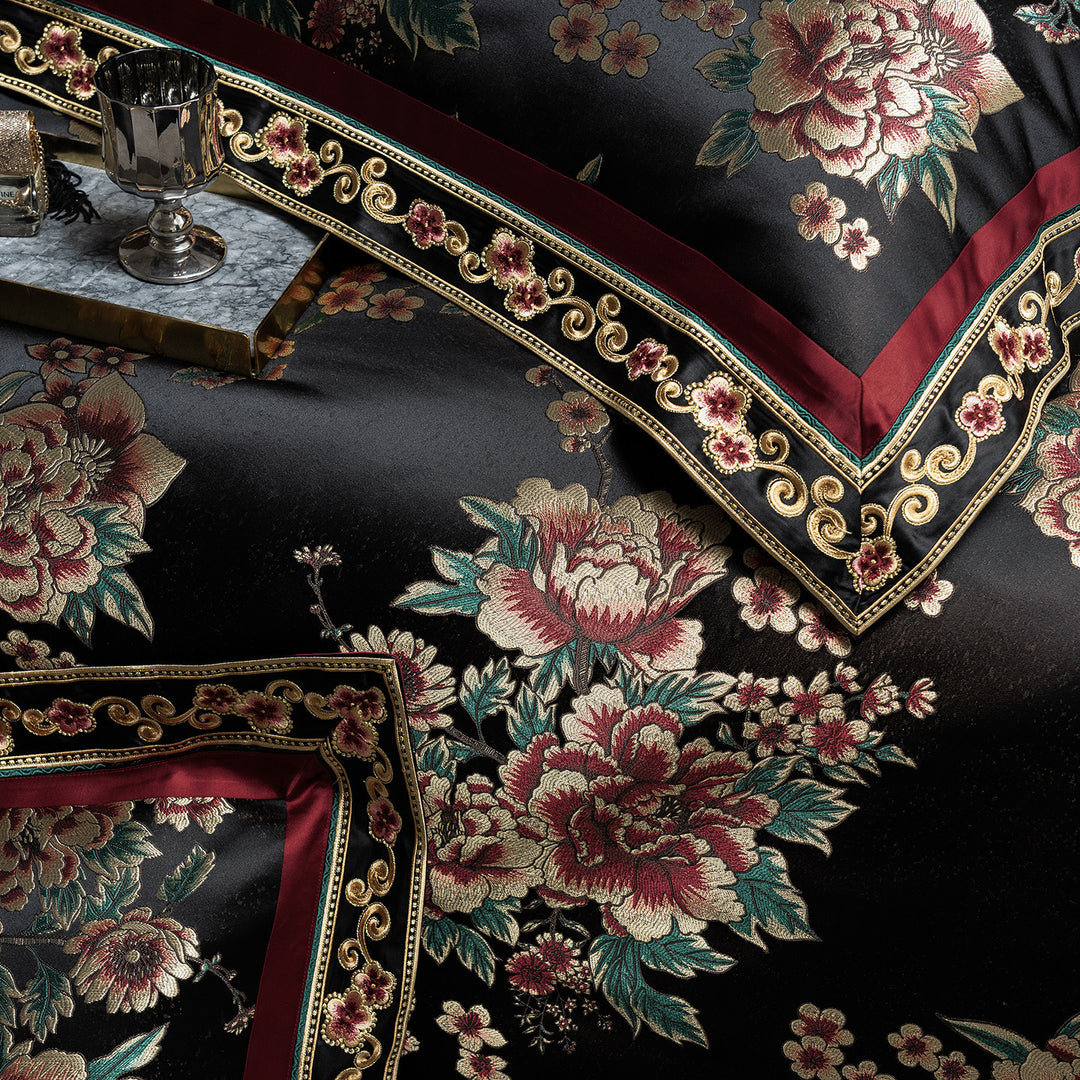Luxury Satin Floral Jacquard Duvet Cover Set with Quilted Accent Pillow