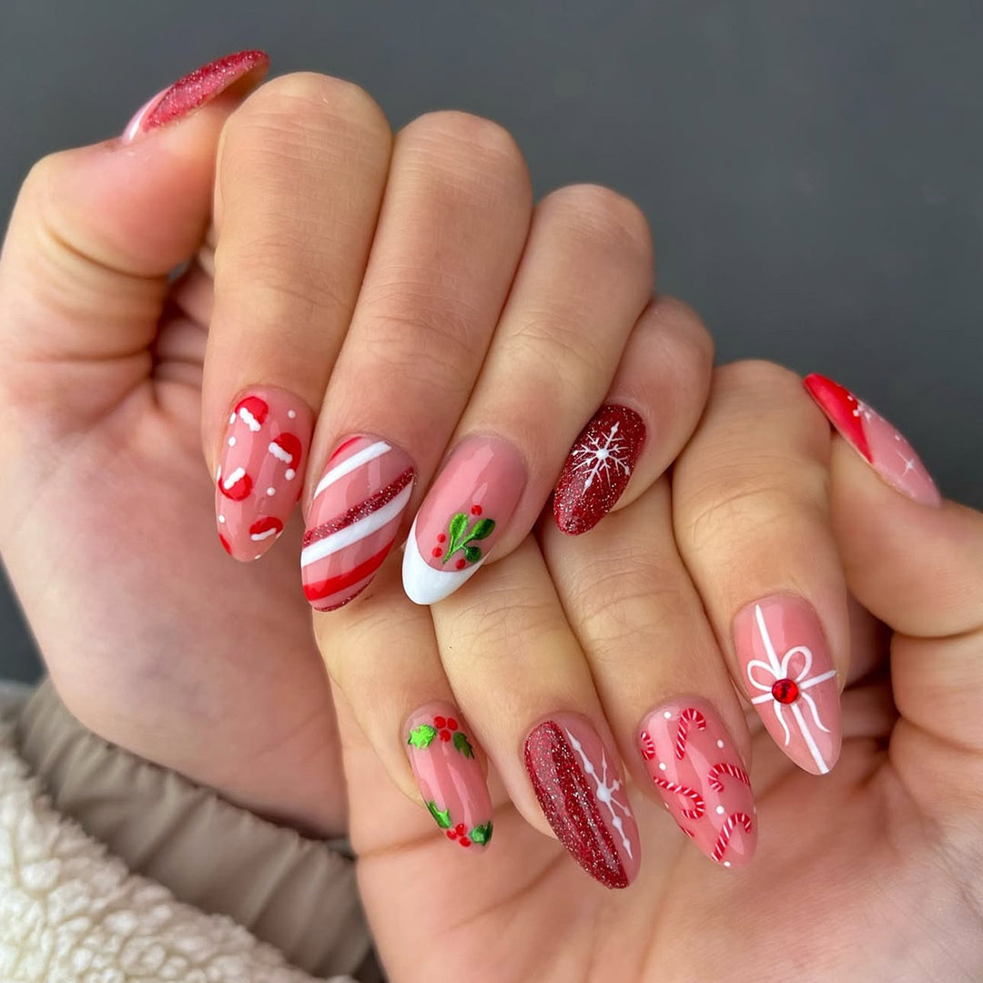 Art nail set with festive candy cane and Christmas motifs Stornfield