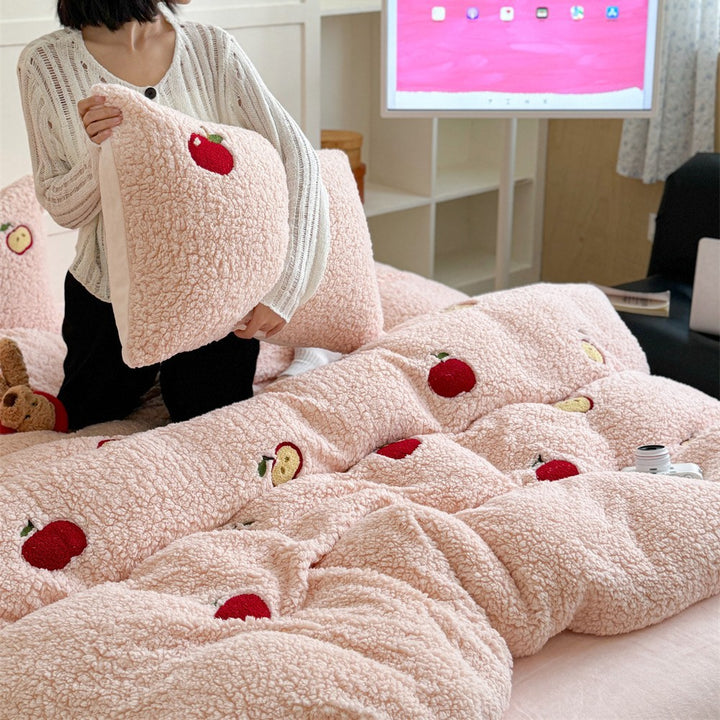 Plush quilt set with rabbit embroidery and Sherpa surface