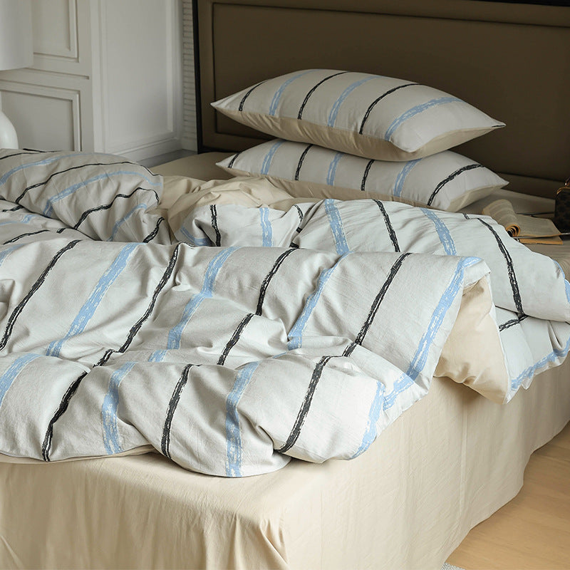 Luxurious cotton satin bedding set with hand-painted vertical stripes and zipper
