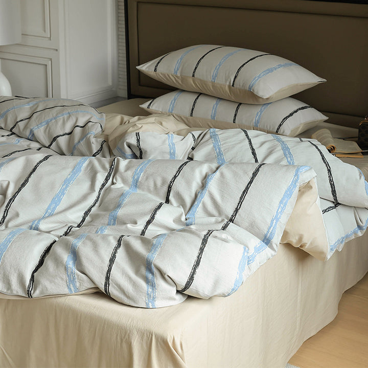 Luxurious cotton satin bedding set with hand-painted vertical stripes and zipper