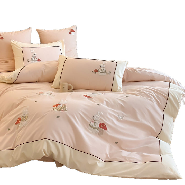 Embroidered Cotton Sateen Bunny and Mushroom Duvet Cover Set with Contrast Piping