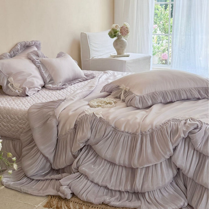 Layered Pleated Satin-Feel Tiered Bedspread Set with Ruffled Pillow Shams