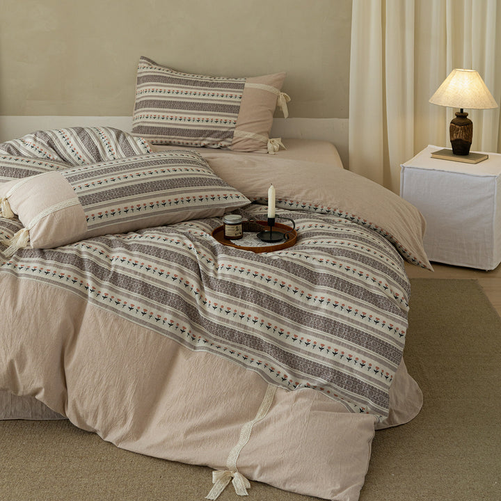 Linen-Cotton Duvet Cover Set with Tie Closures and Micro Floral Stripe