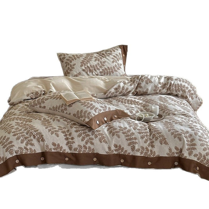 Cotton-Linen Blend Jacquard Duvet Cover Set with Botanical Leaf Motif and Button-Closure Hem