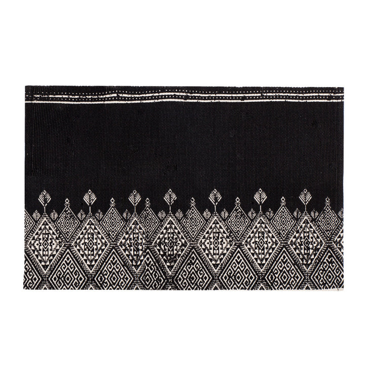 Flat-woven cotton runner with Mediterranean tile jacquard and decorative fringes Stornfield