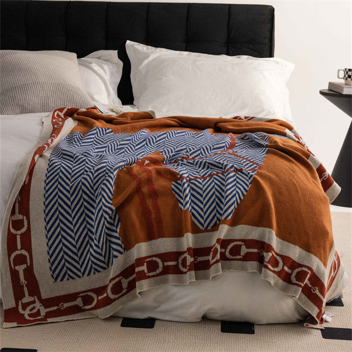Oversized Jacquard Herringbone Knit Bed Throw with Equestrian Bit Border
