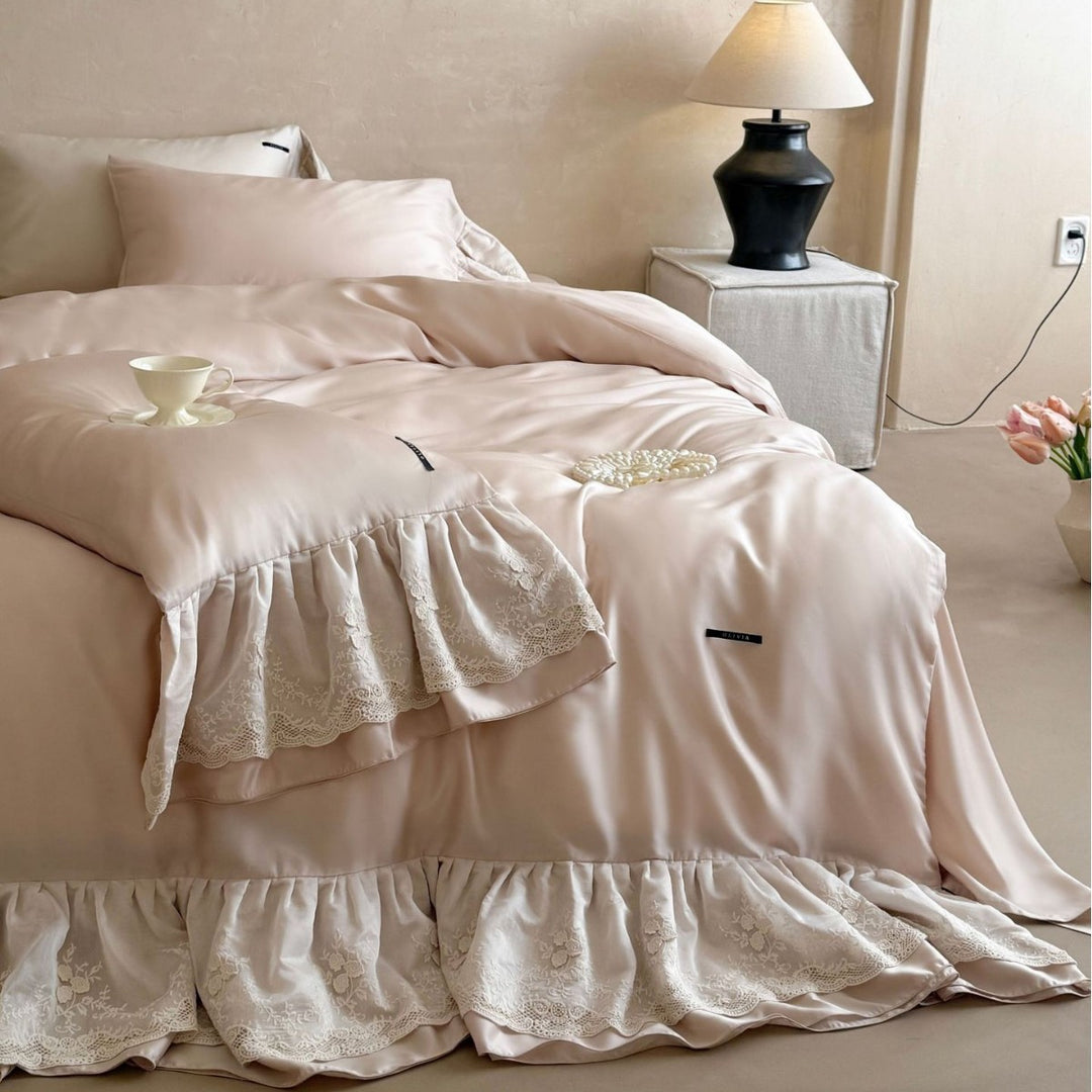 Extravagant satin duvet cover set with ruffled lace trim and silky smooth texture