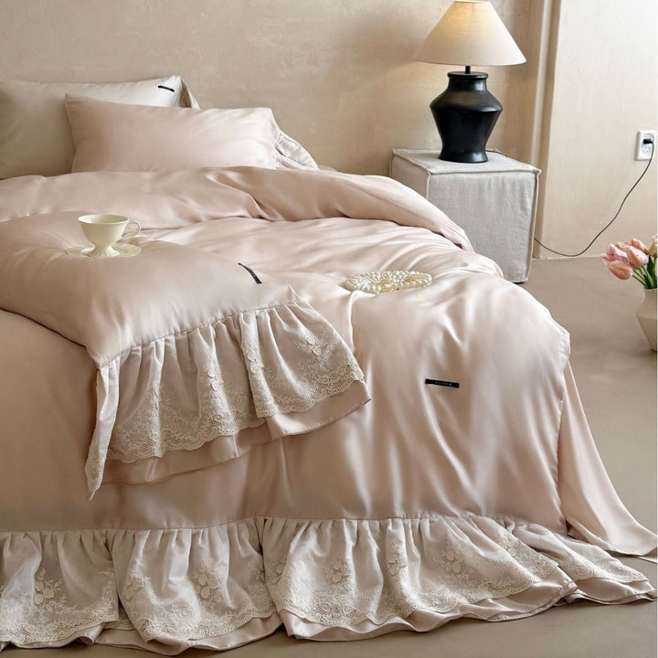 Extravagant satin duvet cover set with ruffled lace trim and silky smooth texture