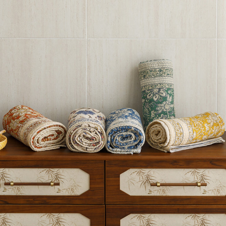 Reversible Quilted Kantha Throw Blanket with Floral Block Print