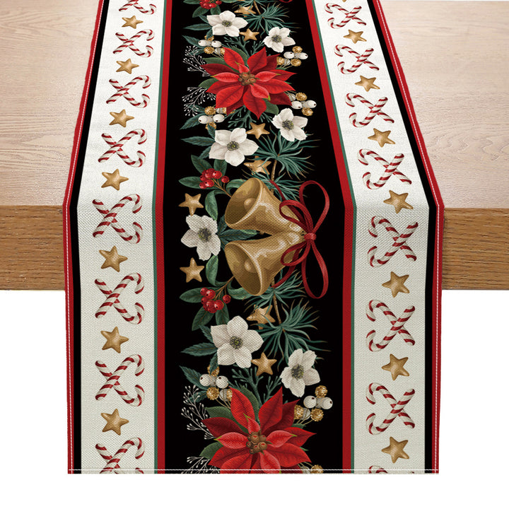 Holiday Buffalo-Check Cotton-Linen Decorative Table Runner with Golden Bells Wreath and Candy Cane Motif