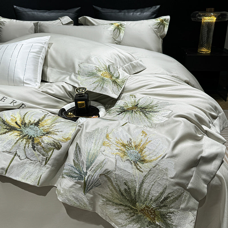 Luxury Embroidered Botanical Cotton-Sateen Duvet Cover Set with Decorative Pillow Shams