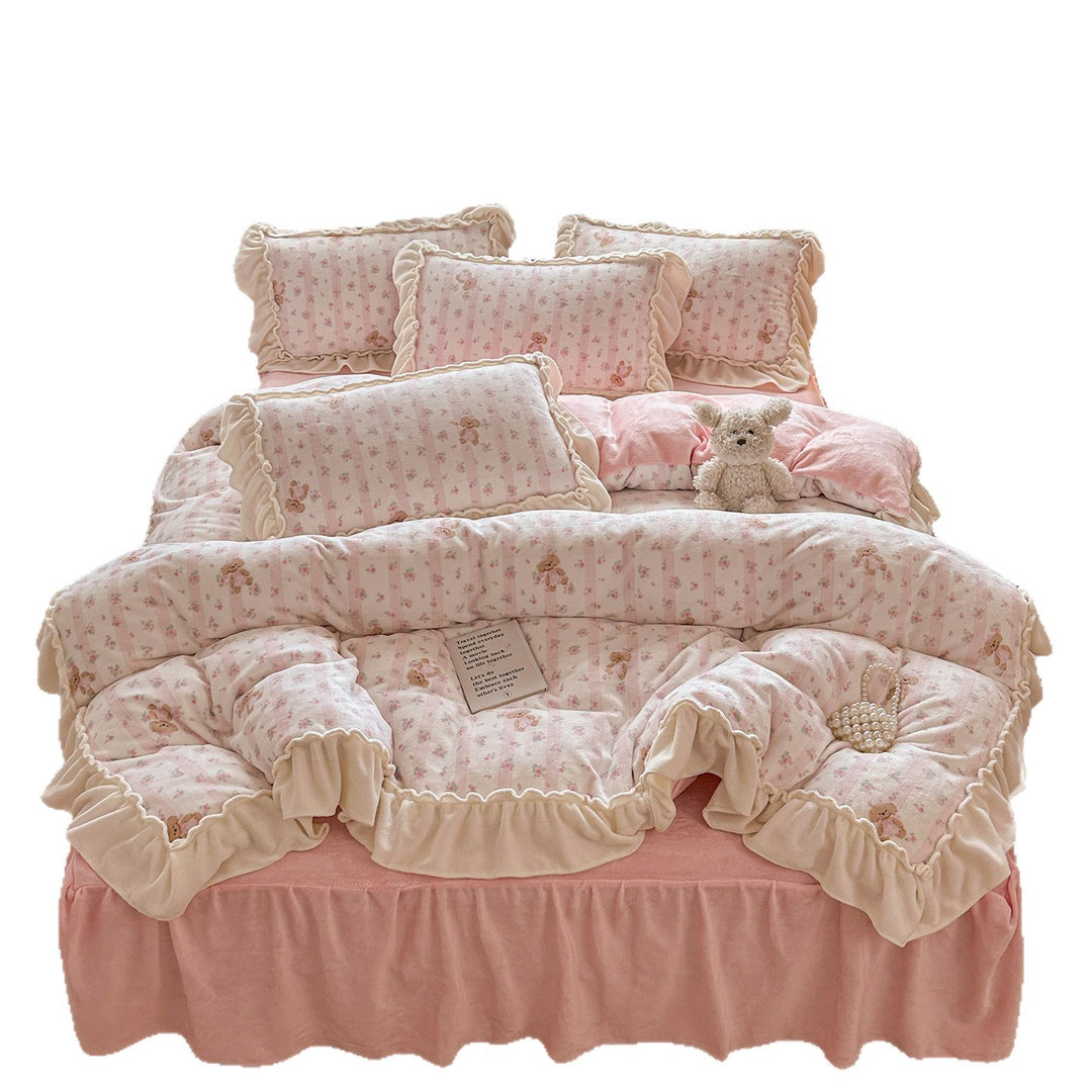Reversible Plush Floral Comforter Set with Ruffled Skirt and Matching Pillow Shams